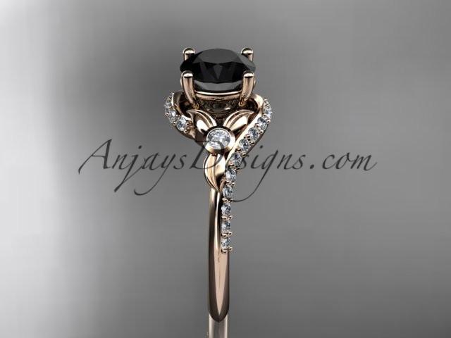 14kt rose gold diamond leaf and vine engagement ring with a Black Diamond center stone ADLR112 - AnjaysDesigns