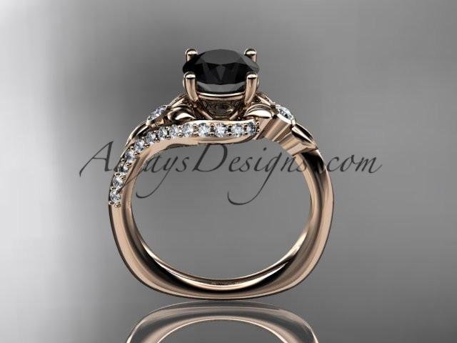 14kt rose gold diamond leaf and vine engagement ring with a Black Diamond center stone ADLR112 - AnjaysDesigns