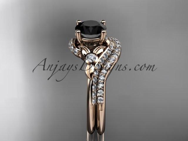 14kt rose gold diamond leaf and vine engagement ring set with a Black Diamond center stone ADLR112S - AnjaysDesigns