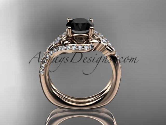 14kt rose gold diamond leaf and vine engagement ring set with a Black Diamond center stone ADLR112S - AnjaysDesigns