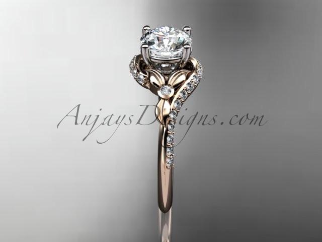 14kt rose gold diamond leaf and vine engagement ring with a "Forever One" Moissanite center stone ADLR112 - AnjaysDesigns
