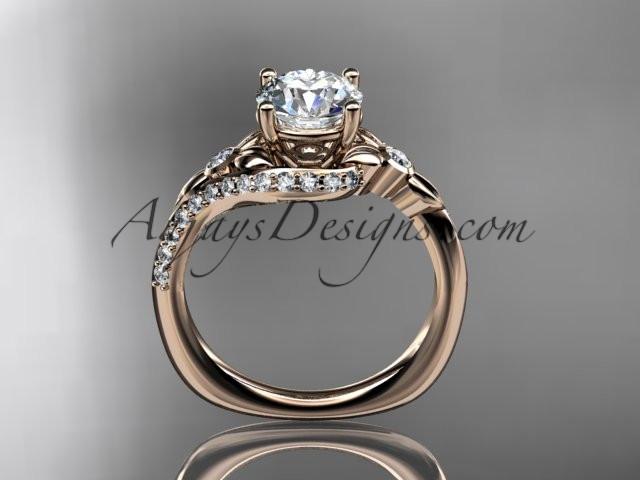 14kt rose gold diamond leaf and vine engagement ring with a "Forever One" Moissanite center stone ADLR112 - AnjaysDesigns