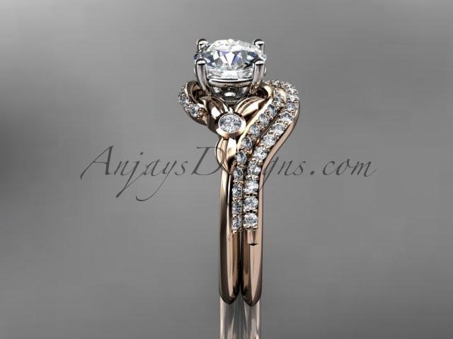14kt rose gold diamond leaf and vine engagement ring set with a "Forever One" Moissanite center stone ADLR112S - AnjaysDesigns