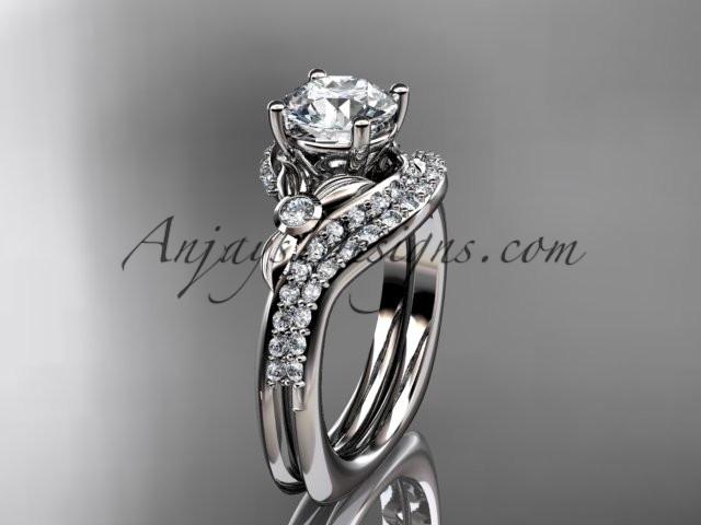 14kt white gold diamond leaf and vine engagement ring set with a "Forever One" Moissanite center stone ADLR112S - AnjaysDesigns