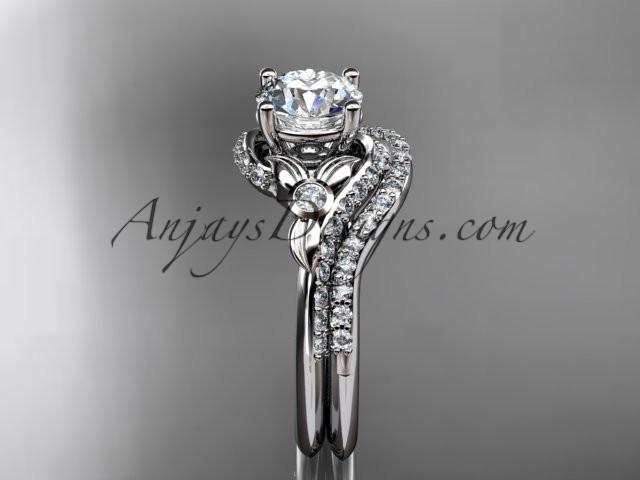14kt white gold diamond leaf and vine engagement ring set with a "Forever One" Moissanite center stone ADLR112S - AnjaysDesigns