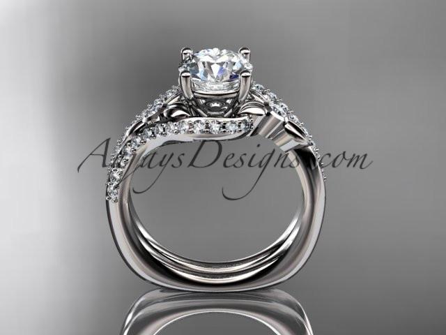 14kt white gold diamond leaf and vine engagement ring set with a "Forever One" Moissanite center stone ADLR112S - AnjaysDesigns