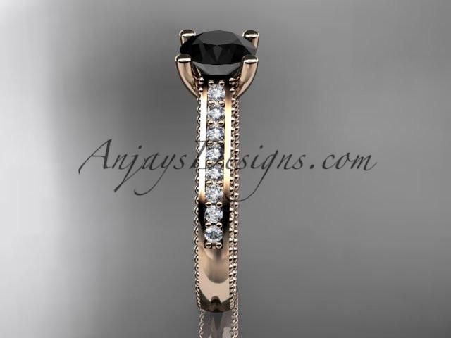 14kt rose gold diamond unique engagement ring, wedding ring with a Black Diamond center stone ADER116 - AnjaysDesigns