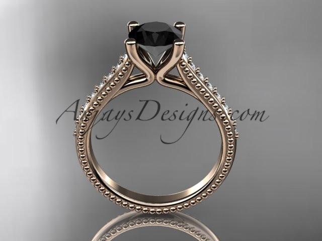 14kt rose gold diamond unique engagement ring, wedding ring with a Black Diamond center stone ADER116 - AnjaysDesigns