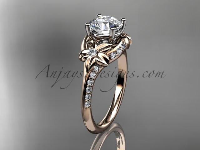 14kt rose gold diamond floral wedding ring, engagement ring with a "Forever One" Moissanite center stone ADLR125 - AnjaysDesigns