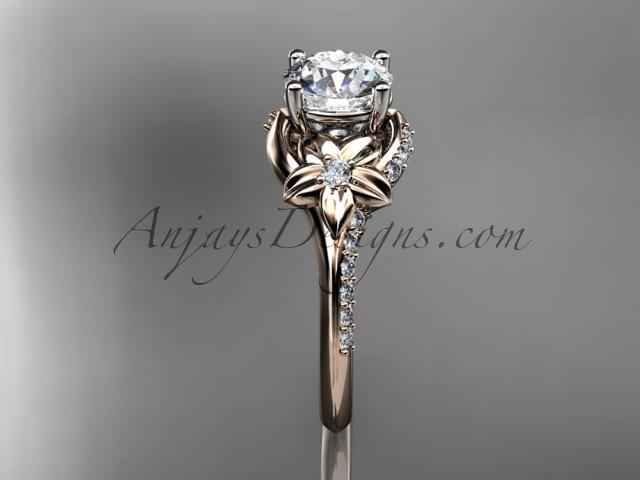 14kt rose gold diamond floral wedding ring, engagement ring with a "Forever One" Moissanite center stone ADLR125 - AnjaysDesigns