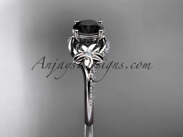 14kt white gold diamond floral wedding ring, engagement ring with a Black Diamond center stone ADLR125 - AnjaysDesigns