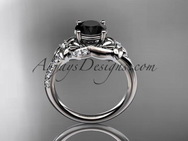 14kt white gold diamond floral wedding ring, engagement ring with a Black Diamond center stone ADLR125 - AnjaysDesigns