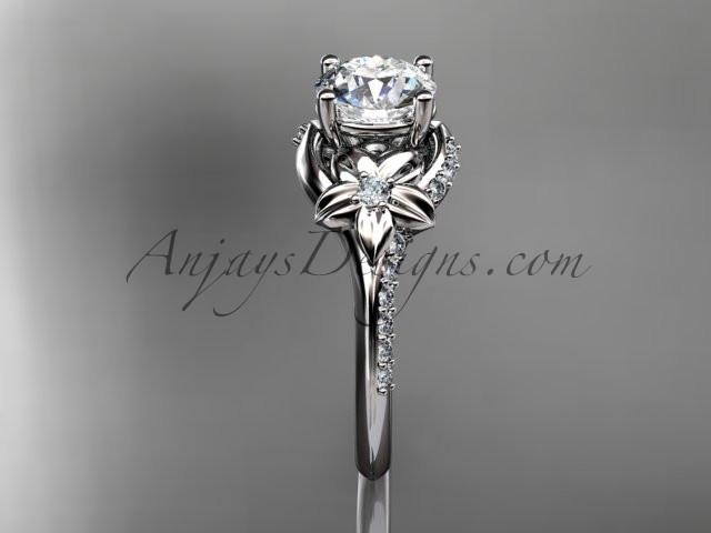 14kt white gold diamond floral wedding ring, engagement ring with a "Forever One" Moissanite center stone ADLR125 - AnjaysDesigns