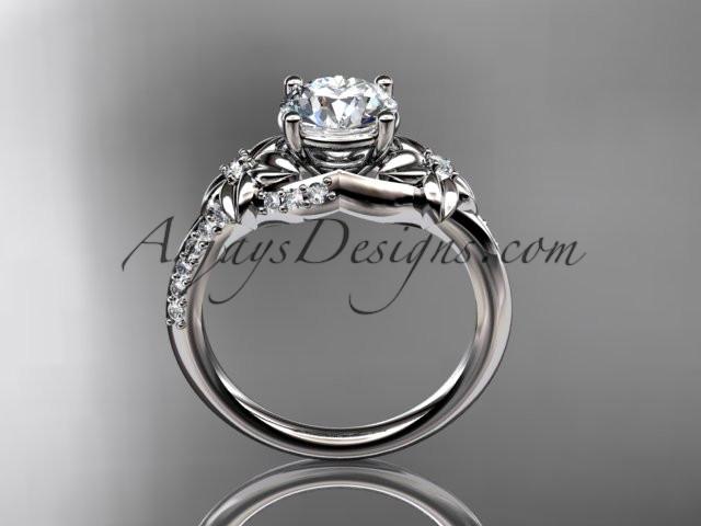 14kt white gold diamond floral wedding ring, engagement ring with a "Forever One" Moissanite center stone ADLR125 - AnjaysDesigns