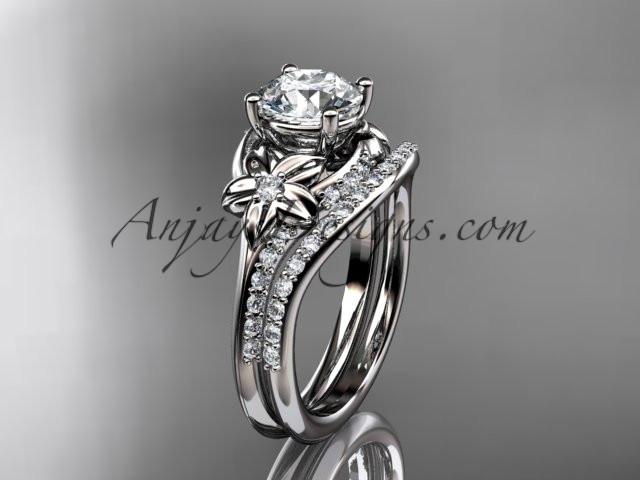 14kt white gold diamond floral wedding set, engagement set with a "Forever One" Moissanite center stone ADLR125S - AnjaysDesigns