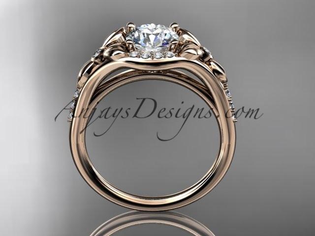 14kt rose gold diamond floral wedding ring, engagement ring with a "Forever One" Moissanite center stone ADLR126 - AnjaysDesigns