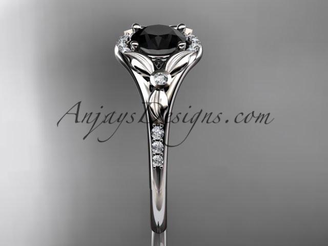 14kt white gold diamond floral wedding ring, engagement ring with a Black Diamond center stone ADLR126 - AnjaysDesigns