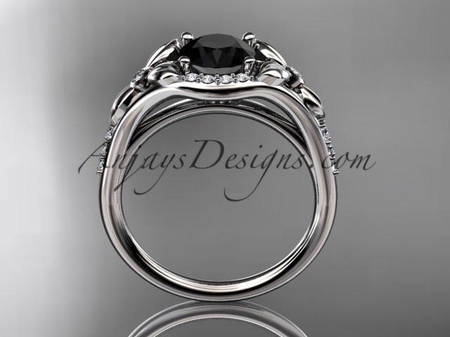 14kt white gold diamond floral wedding ring, engagement ring with a Black Diamond center stone ADLR126 - AnjaysDesigns
