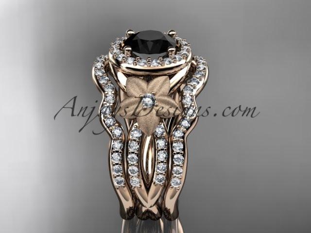 14kt rose gold diamond floral wedding ring, engagement ring with a Black Diamond center stone and double matching band ADLR127S - AnjaysDesigns