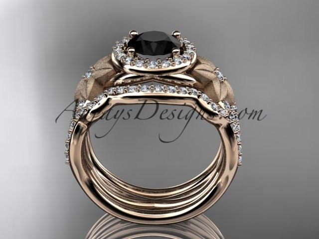 14kt rose gold diamond floral wedding ring, engagement ring with a Black Diamond center stone and double matching band ADLR127S - AnjaysDesigns