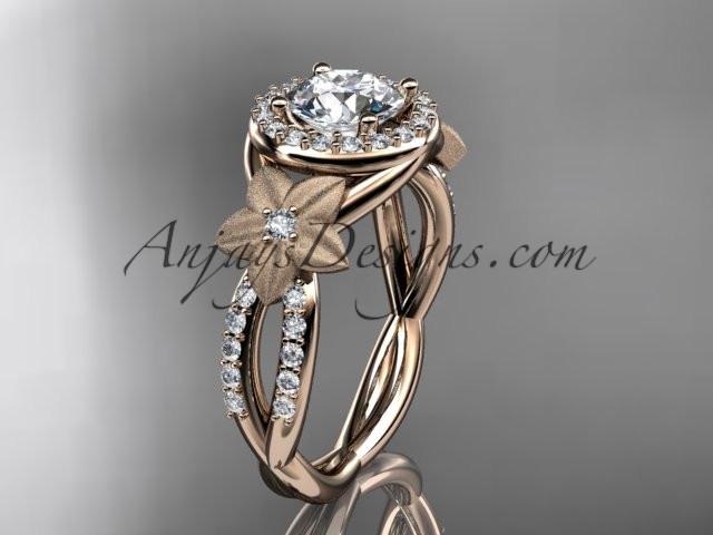 14kt rose gold diamond floral wedding ring, engagement ring with a "Forever One" Moissanite center stone ADLR127 - AnjaysDesigns