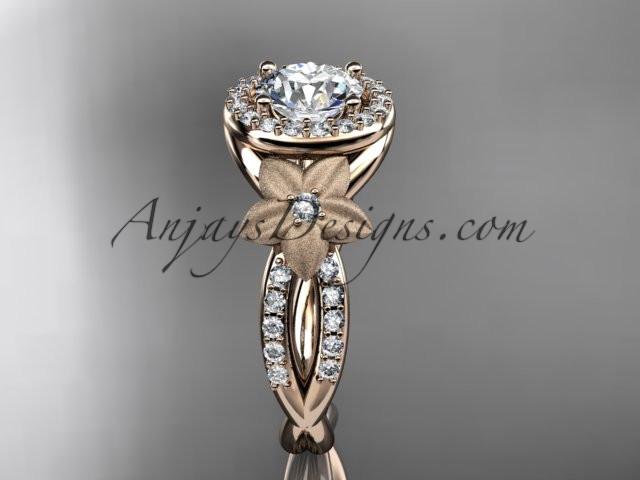 14kt rose gold diamond floral wedding ring, engagement ring with a "Forever One" Moissanite center stone ADLR127 - AnjaysDesigns