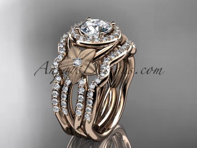 14kt rose gold diamond floral wedding ring, engagement ring with a double matching band ADLR127S - AnjaysDesigns