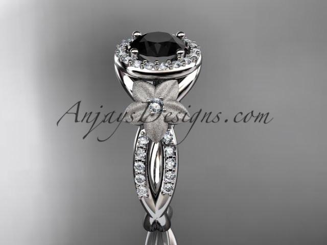 14kt white gold diamond floral wedding ring, engagement ring with a Black Diamond center stone ADLR127 - AnjaysDesigns