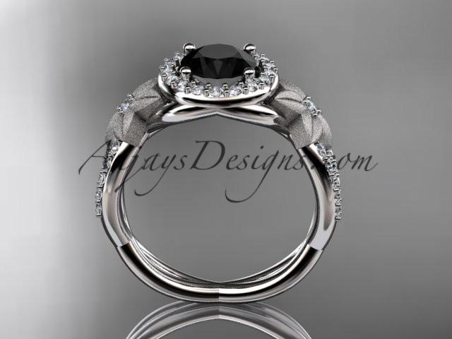 14kt white gold diamond floral wedding ring, engagement ring with a Black Diamond center stone ADLR127 - AnjaysDesigns