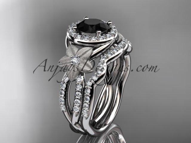 14kt white gold diamond floral wedding ring, engagement set with a Black Diamond center stone ADLR127S - AnjaysDesigns