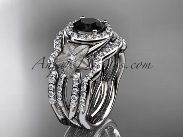 14kt white gold diamond floral wedding ring, engagement ring with a Black Diamond center stone and double matching band ADLR127S - AnjaysDesigns