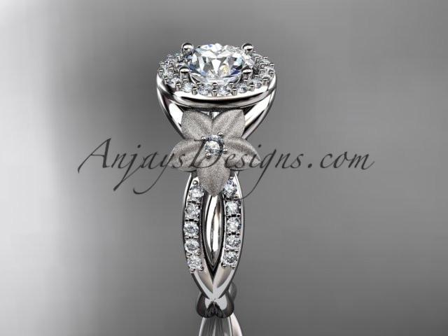 14kt white gold diamond floral wedding ring, engagement ring with a "Forever One" Moissanite center stone ADLR127 - AnjaysDesigns