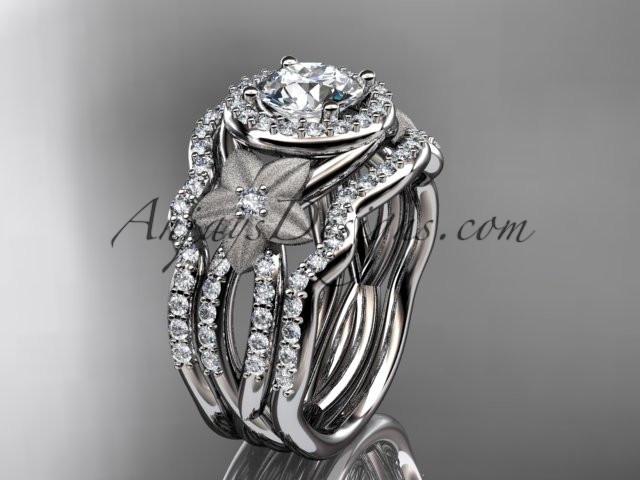 14kt white gold diamond floral wedding ring, engagement ring with a double matching band ADLR127S - AnjaysDesigns