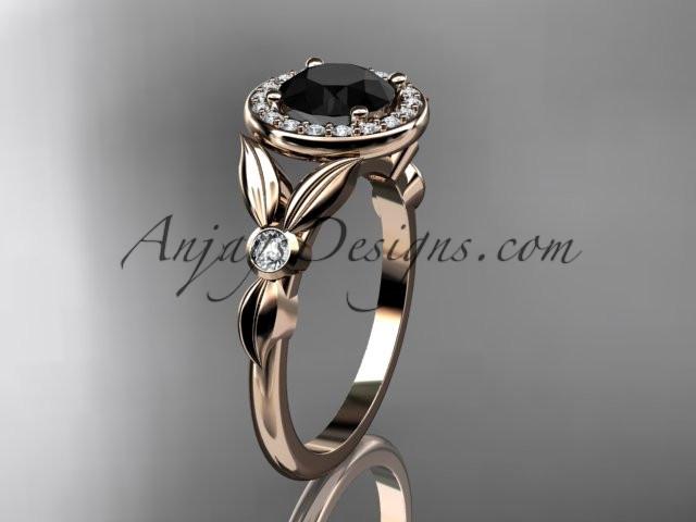 14kt rose gold diamond floral wedding ring, engagement ring with a Black Diamond center stone ADLR129 - AnjaysDesigns