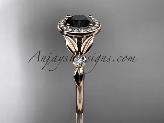 14kt rose gold diamond floral wedding ring, engagement ring with a Black Diamond center stone ADLR129 - AnjaysDesigns