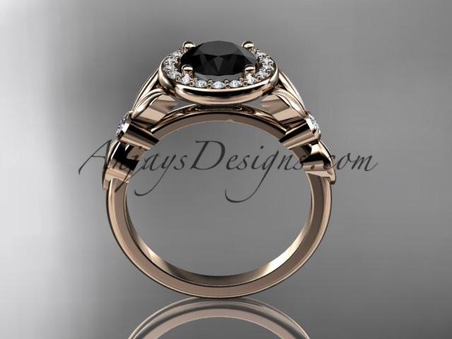 14kt rose gold diamond floral wedding ring, engagement ring with a Black Diamond center stone ADLR129 - AnjaysDesigns