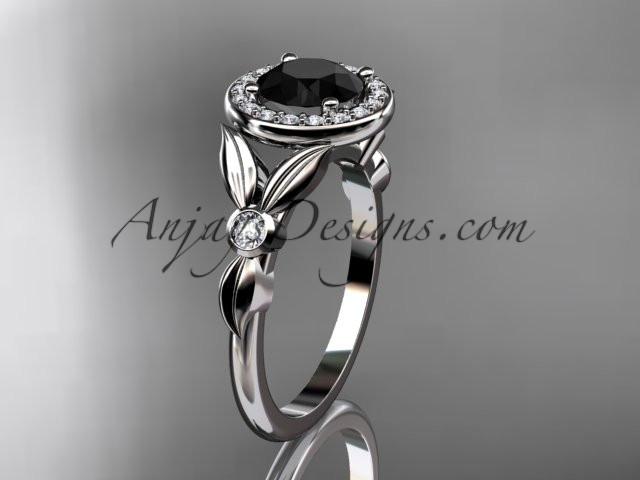 14kt white gold diamond floral wedding ring, engagement ring with a Black Diamond center stone ADLR129 - AnjaysDesigns