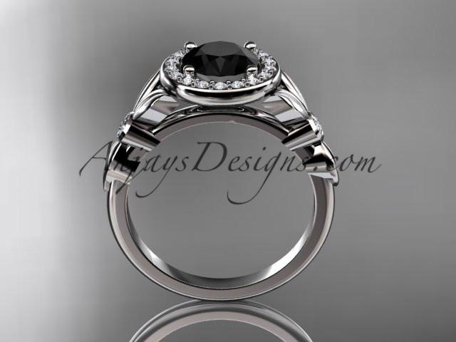 14kt white gold diamond floral wedding ring, engagement ring with a Black Diamond center stone ADLR129 - AnjaysDesigns