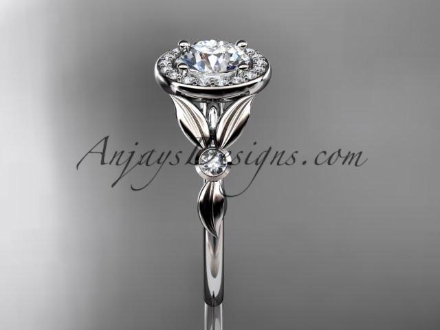 14kt white gold diamond floral wedding ring, engagement ring with a "Forever One" Moissanite center stone ADLR129 - AnjaysDesigns