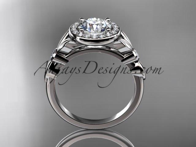 14kt white gold diamond floral wedding ring, engagement ring with a "Forever One" Moissanite center stone ADLR129 - AnjaysDesigns