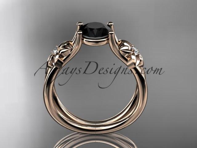 14kt rose gold diamond floral wedding ring, engagement ring with a Black Diamond center stone ADLR130 - AnjaysDesigns