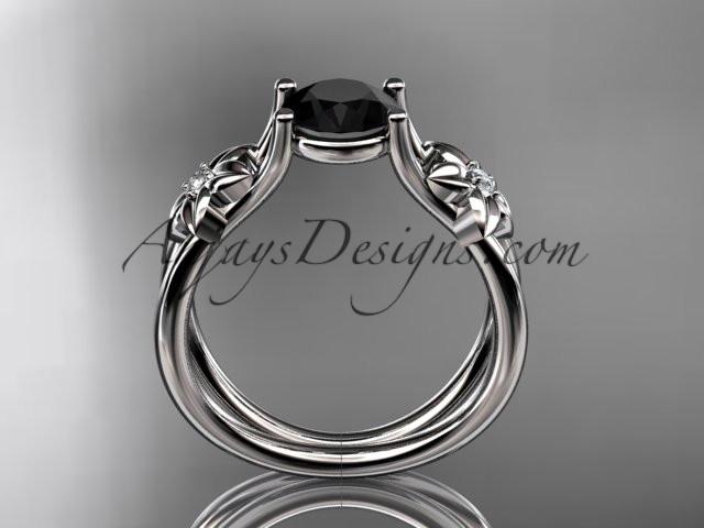 14kt white gold diamond floral wedding ring, engagement ring with a Black Diamond center stone ADLR130 - AnjaysDesigns