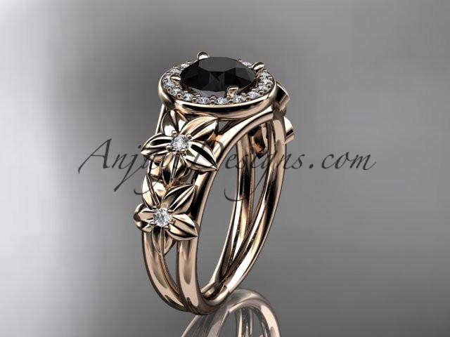 14kt rose gold diamond floral wedding ring, engagement ring with a Black Diamond center stone ADLR131 - AnjaysDesigns
