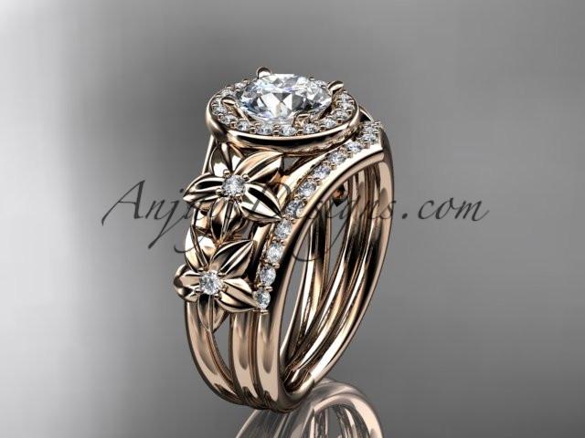 14kt rose gold diamond floral wedding ring, engagement set ADLR131S - AnjaysDesigns