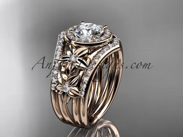 14kt rose gold diamond floral wedding ring, engagement ring with a "Forever One" Moissanite center stone and double matching band ADLR131S - AnjaysDesigns
