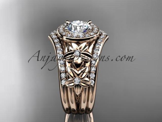 14kt rose gold diamond floral wedding ring, engagement ring with a "Forever One" Moissanite center stone and double matching band ADLR131S - AnjaysDesigns