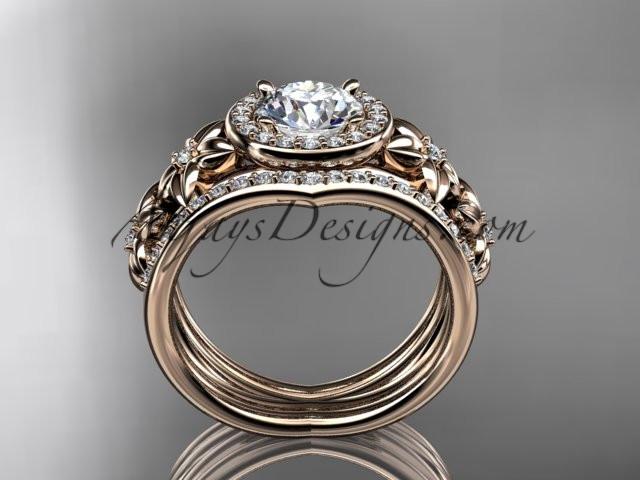 14kt rose gold diamond floral wedding ring, engagement ring with double matching band ADLR131S - AnjaysDesigns