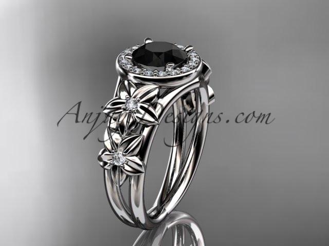 14kt white gold diamond floral wedding ring, engagement ring with a Black Diamond center stone ADLR131 - AnjaysDesigns
