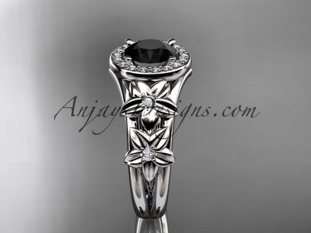 14kt white gold diamond floral wedding ring, engagement ring with a Black Diamond center stone ADLR131 - AnjaysDesigns