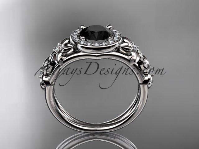 14kt white gold diamond floral wedding ring, engagement ring with a Black Diamond center stone ADLR131 - AnjaysDesigns